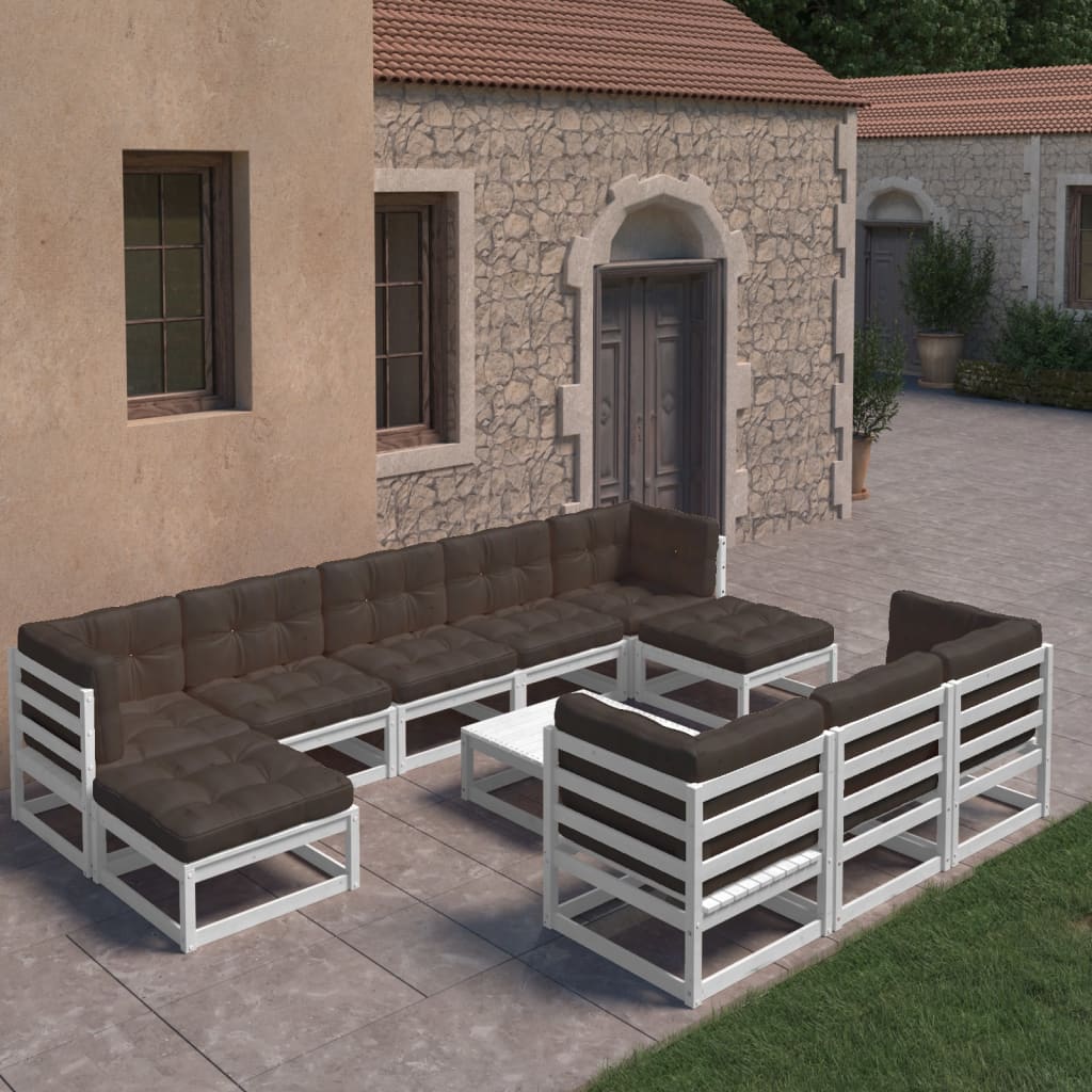 11-tlg. Garten-Lounge-Set mit Kissen Weiss Kiefer Massivholz